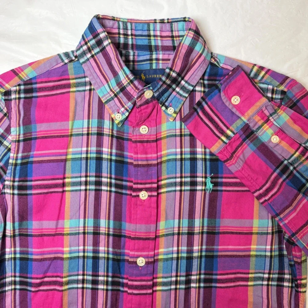Ralph Lauren Boys Pink Multi Plaid Button Down Shirt Size 4 NEW NWT